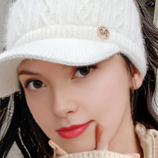 Yousheng Damen Baseballkappe Verlängerter Schirm Leerer Oberteil Einfarbig Strickmütze Verdickte Plüsch Faux-Kaninchenfell Mütze