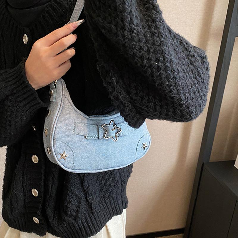 Women Shoulder Handbag Vintage Casual Hobos Denim Star Decor Solid Color Underarm Bag for Girls Ladies Purse Tote