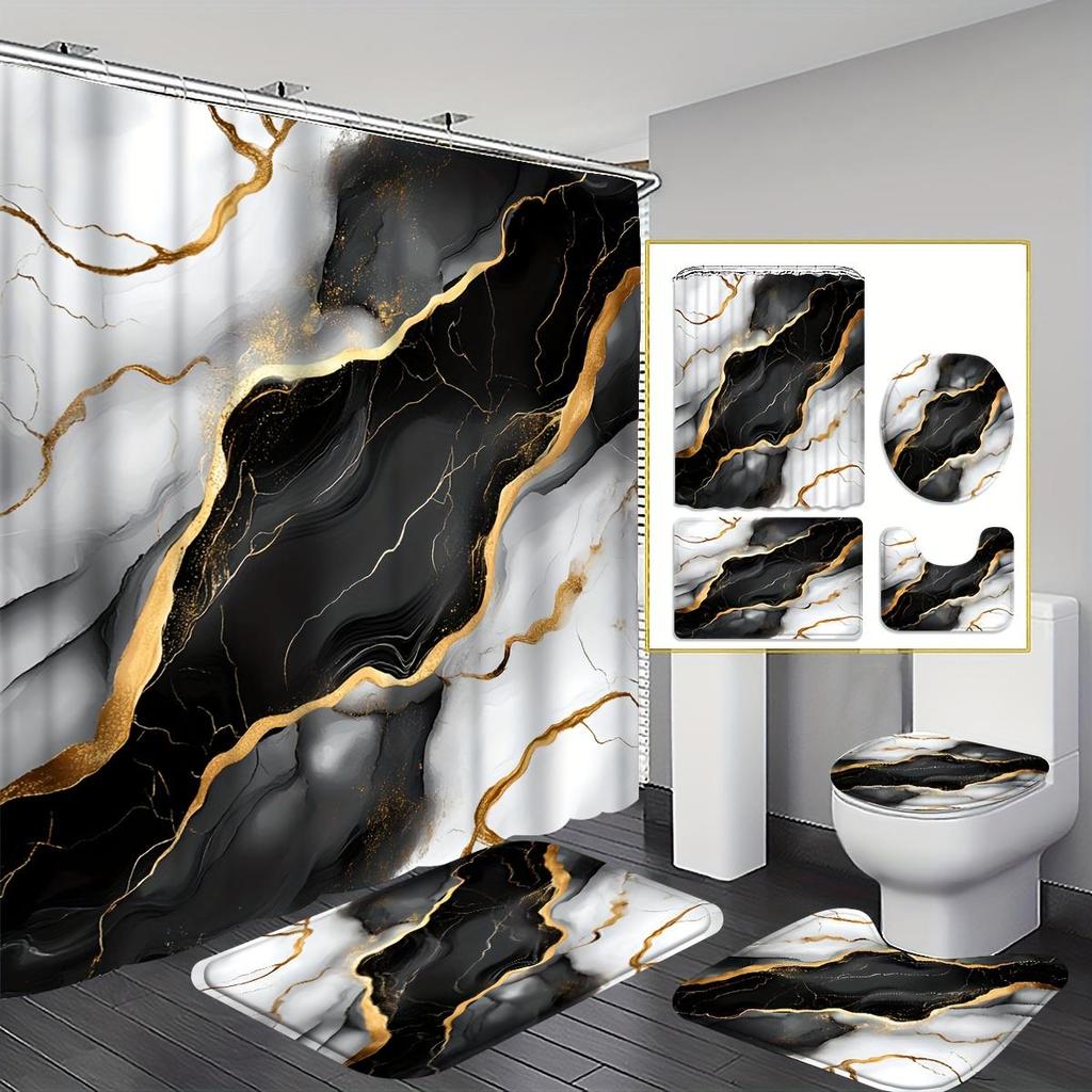 4Pcs UAXIEP Marble Art Shower Curtain Set with Non-Slip Bath Mat, Toilet Lid Cover, Contour Rug & 12 Hooks, Bathroom Decor