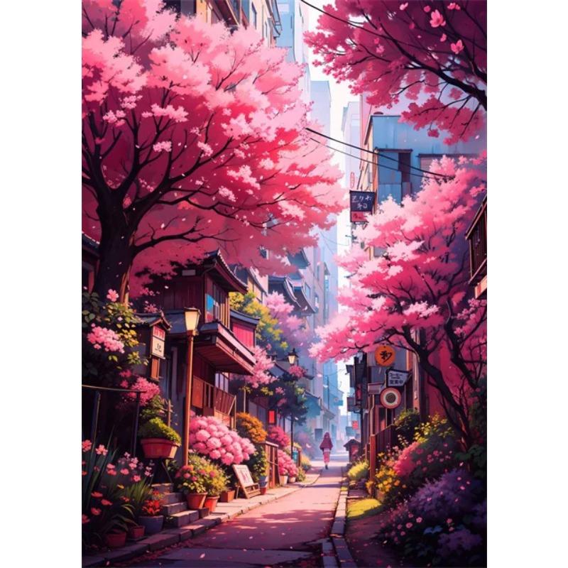 Japanese Street Scenery Cherry Blossom Architecture Canvas Poster Flowers Plants Landscape Wall Art Prints for Modern Home Decor