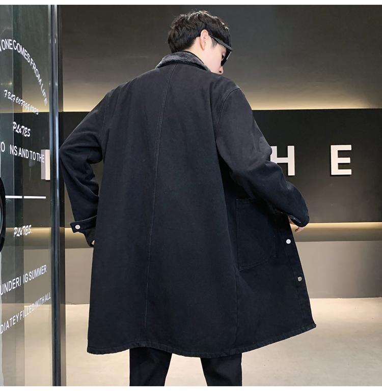 Men's Mid-Length Denim Trench Coat with Lamb Wool Lining - Winter Plus Size Loose Fit