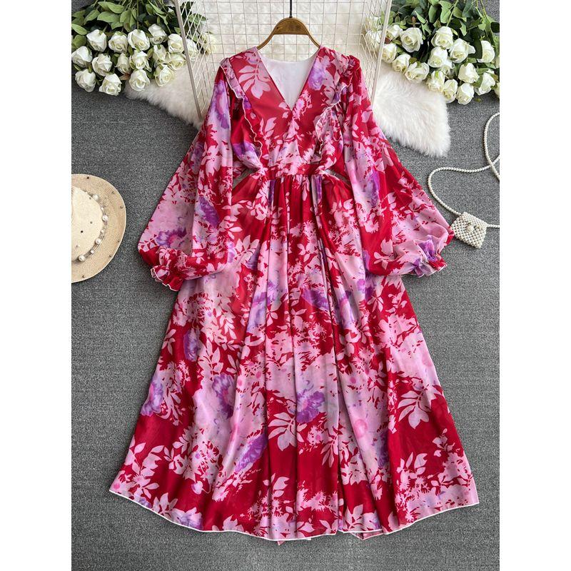 

Vacation Style Deep V-neck Lantern Sleeve Pleated Puffy Long Skirt Early Spring Gentle Tea Break French Oil Painting Dress Red One size