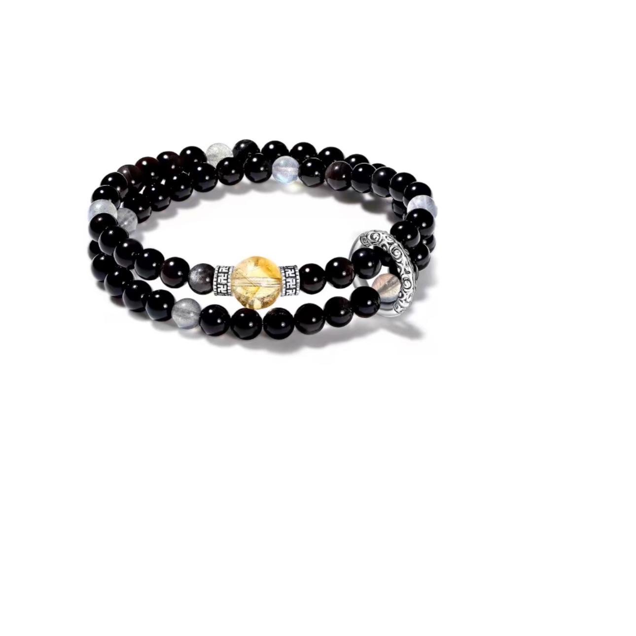 

Natural Labradorite and Obsidian Double-Loop Couple s Bracelet, New Chinese Style Alloy Auspicious Cloud Ring, Light Luxury Bracelet Silver Obsidian6mm-Men s