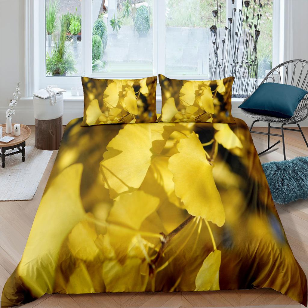 Comforter Autumn Fallen Leaves Red Maple Leaf Nature Bedding Set Sunshine Tree Woods Natural King