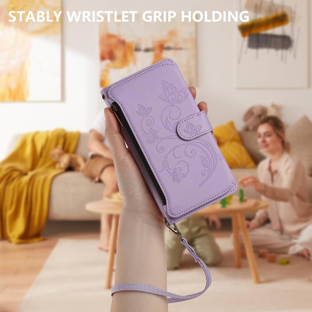 For Samsung Galaxy S23 S22 S21 S20 Ultra S10 Plus Case, Flower Wallet Flip Case RFID Blocking, Zipper, Card Slots, Wrist Strap