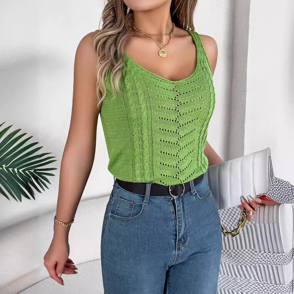 HNXC Spring and Summer Casual Solid Color V-neck Cut-out Top Vacation Knitted Sweater Women's Wear