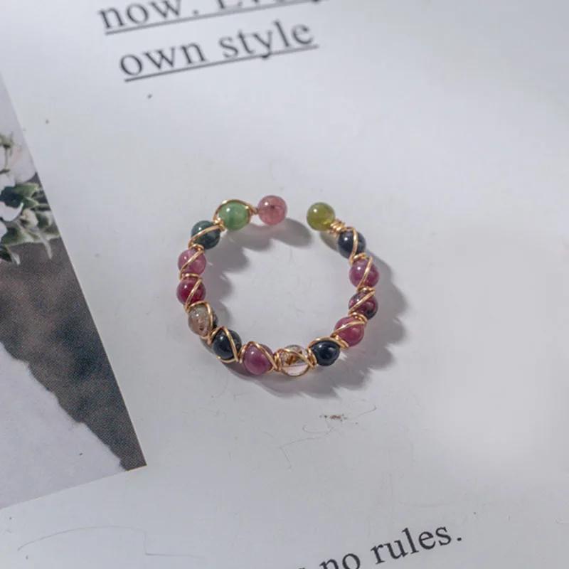 Natural Stone Rainbow Tourmaline Ring Fashion Retro Handmade Metal Wire Winding Beaded Open Adjustable Ring Female Charm Jewelry