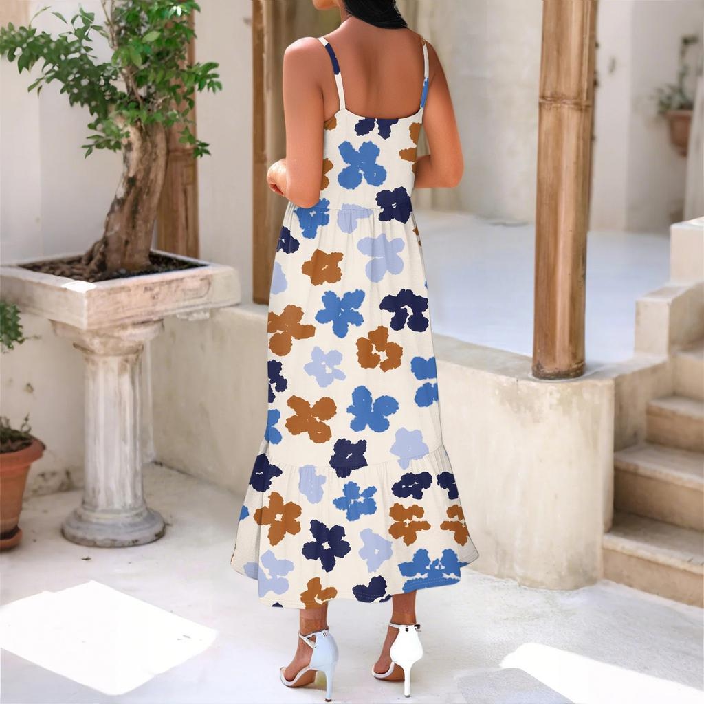 Dámské dlouhé plážové ležérní elegantní maxi šaty na špagetová ramínka s květinovým vzorem, decentní splývavé bohémské šaty