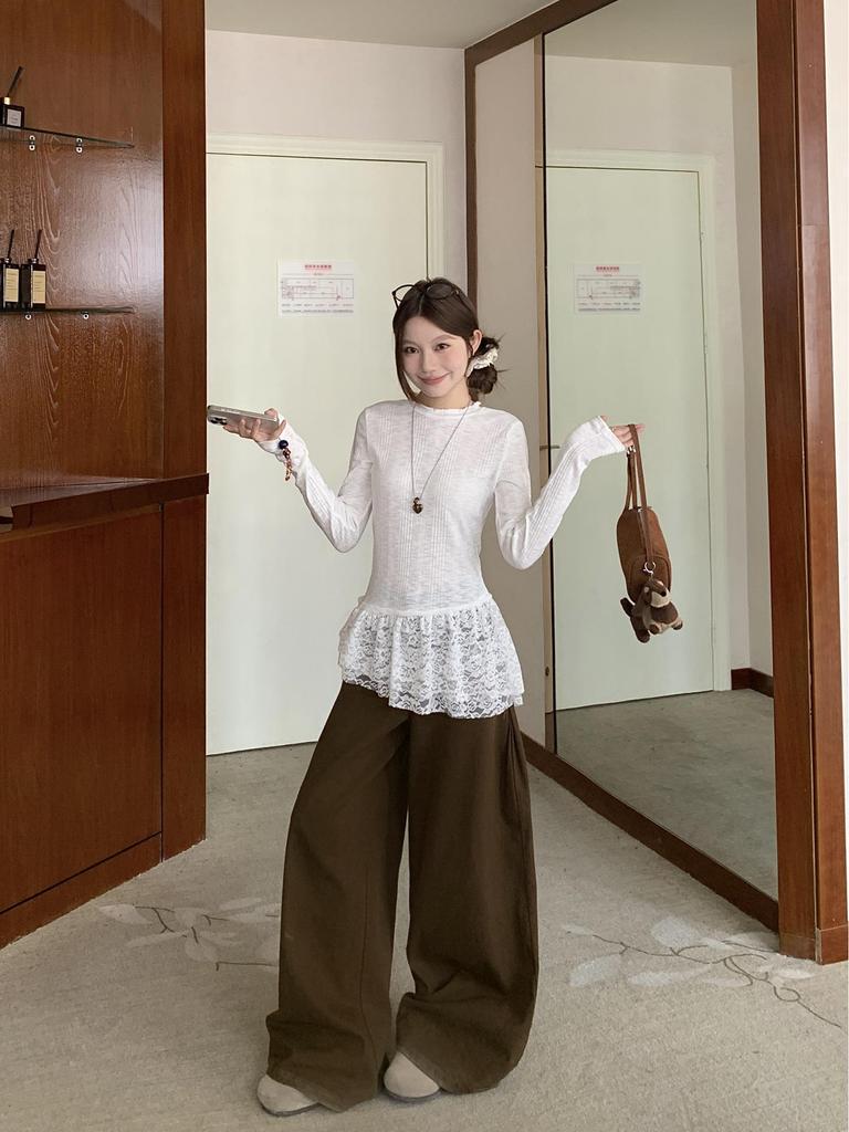 Women's French Lace Patchwork Long Sleeve Ruffle Turtleneck for Fall/Winter Layering