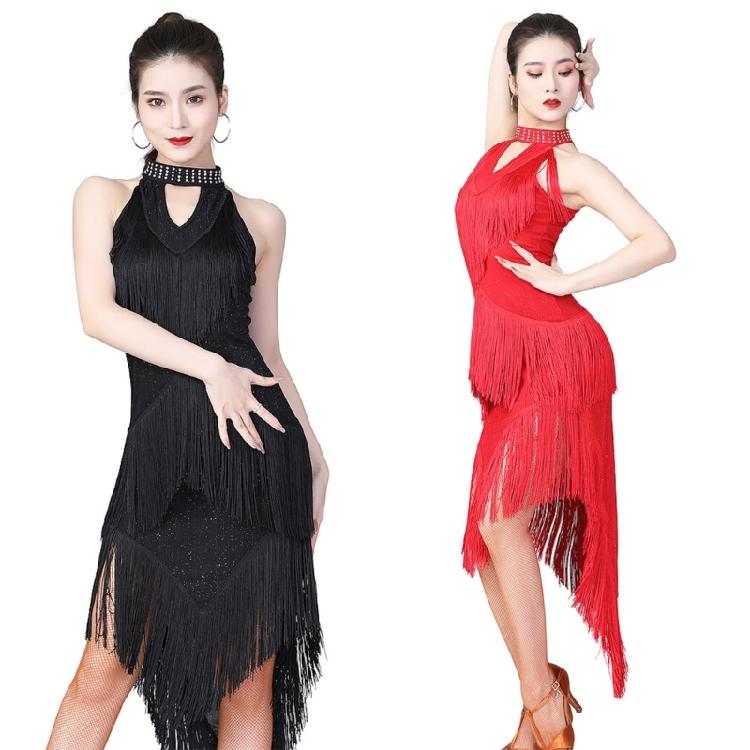 Glittering Latin Dance Dress Asymmetrical Sequins Fringe Performances Costume Breathable Polyester Stage Outfit