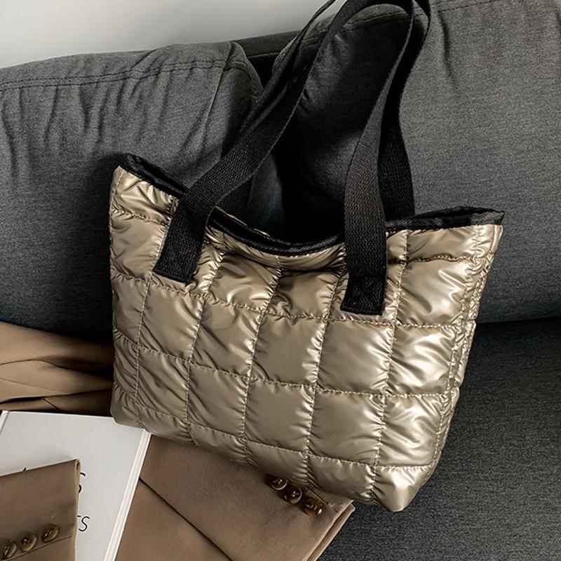 Mode Gewatteerde Schoudertassen Dons Katoen Gevuld Grote Capaciteit Tote Bags Effen Kleur Boodschappentassen Dames Meisjes