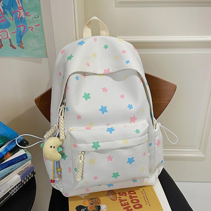 Cute Colorful Star Patterned Student Lightweight Backpack With Plush Pendant For Casual Use