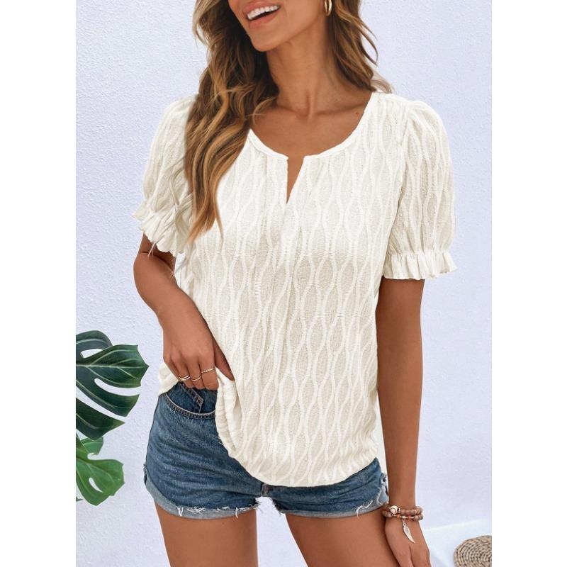 Spring and Summer New V-neck T-shirt Puffed-sleeve Jacquard Women's Casual Loose Short Sleeve