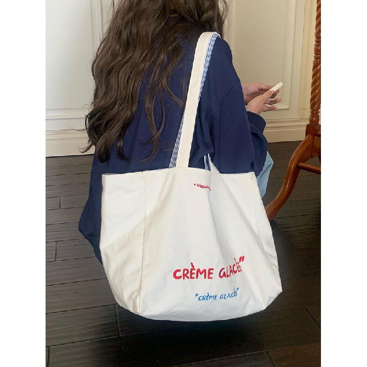 

Women s Bag New Thickened Canvas Embroidery Korean Version Double-Sided Letter Large Capacity Striped Simple Versatile Tote Bag белый