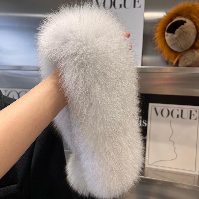 Damen Schal im Koreanischen Stil aus Echter Fuchsfell mit Großem Bommel und Magnetischem Verschluss - Beidseitig, Vielseitiger Nackenschutz für Herbst und Winter