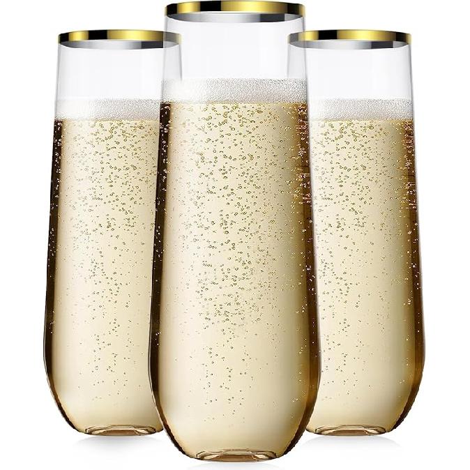 24 Pcak Champagne Flutes Plastic, 9 Oz Disposable Stemless Mimosa Gold Rim Toasting Glasses, Clear Crystal Plastic Cocktail Cups for Party Wedding Gold-24 Pack