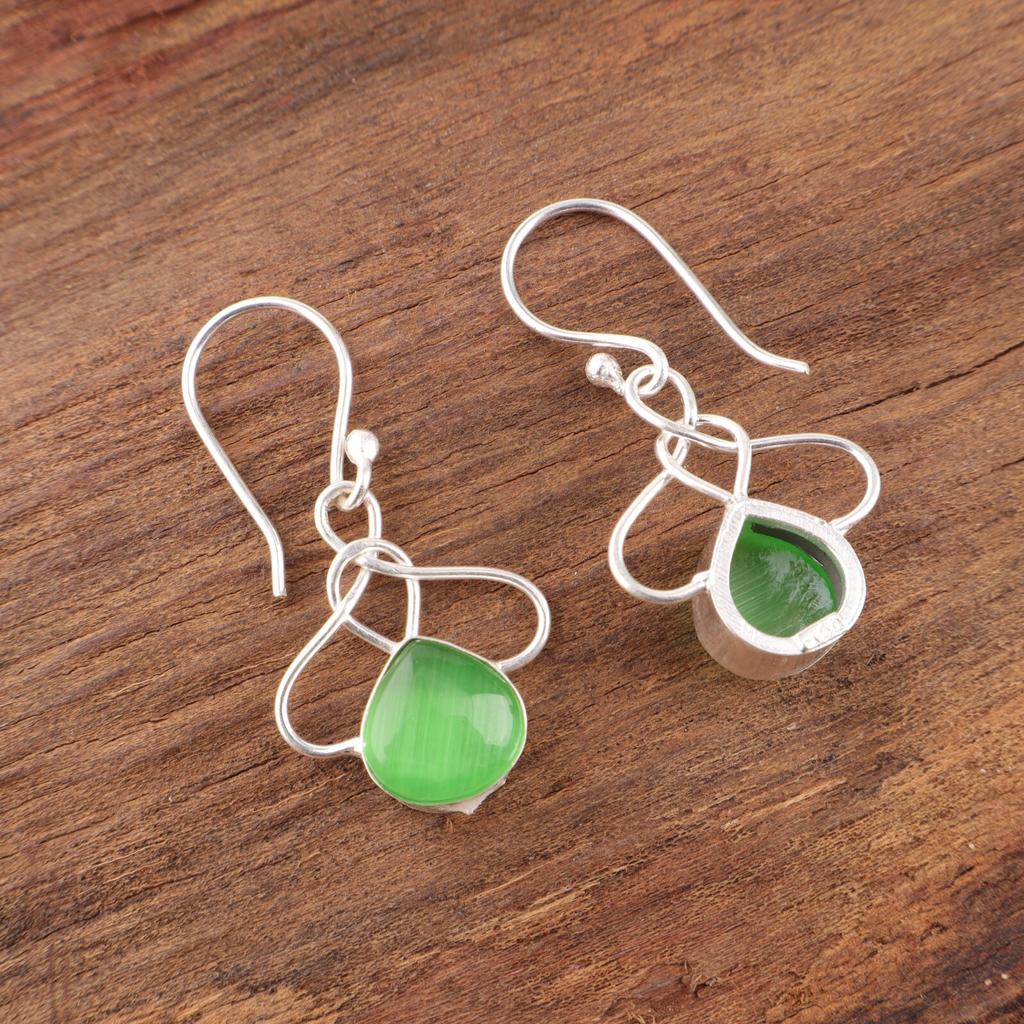 Green Cat's Eye Gemstone 925 Sterling Silver Jewelry Handcrafted Earrings 1.50" EE-2-44