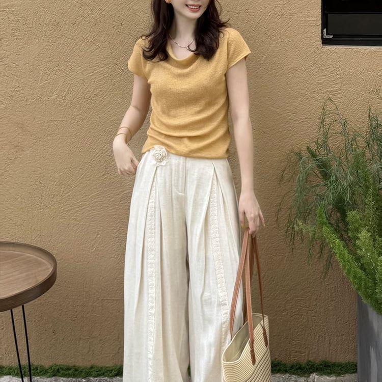 2026 Summer French Slim-Fit Top & High-Waist Wide-Leg Pants Set - Age-Reducing, Slimming Style