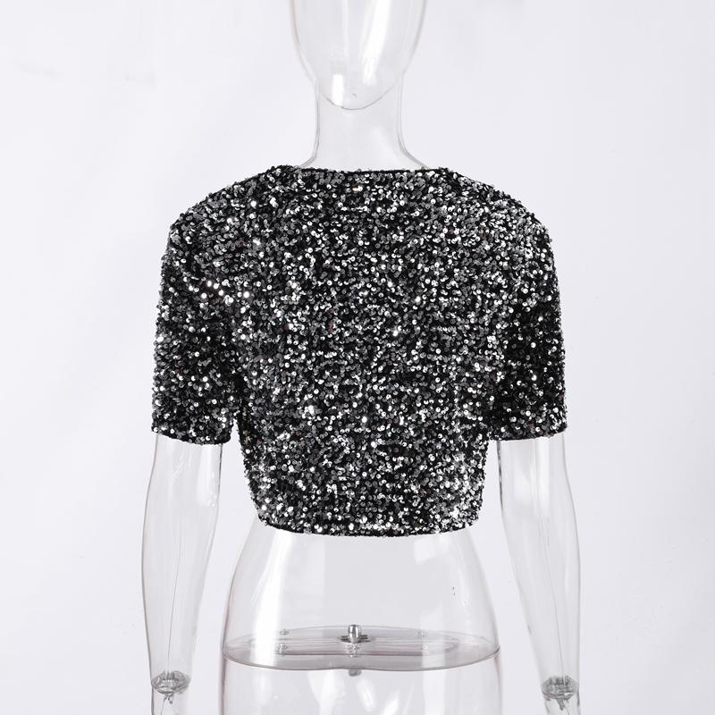 Bow Tie Lace Up Sequin Top Women's Short Sleeved V-neck Shirt Sweet Solid Color Blouses 2025 Spring and Summer Fashion