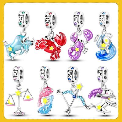 Fluoreszierende Zwölf Konstellationen Sternzeichen 925 Sterling Silber Sternzeichen Perlen Charms passen OriginalNeues Armband Halskette DIY