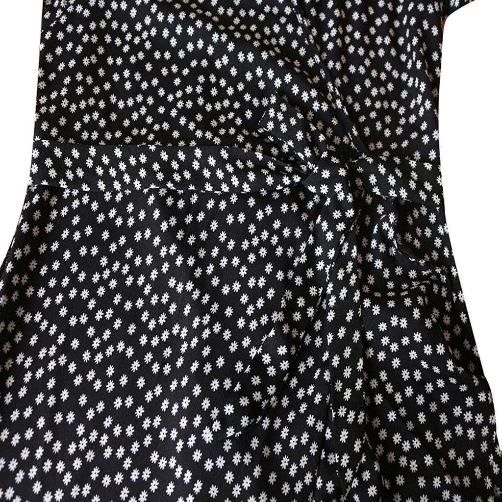 Women's Summer Casual Print  Short-sleeve Sexy Cross V-neck Side Zipper  Waist Lace-up Irregular Hem Split Ruffle Dress