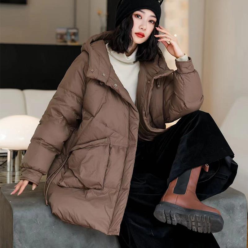 Hooded Puffer Jacket Women Warm Overcoat White Duck Down Loose  Long Winter