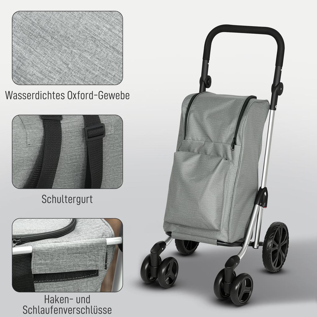 Shopping Trolley, 46 Litre Bag, Foldable Shopping Cart with Cooler Bag, Adjustable Handle, Aluminum Frame, Grey
