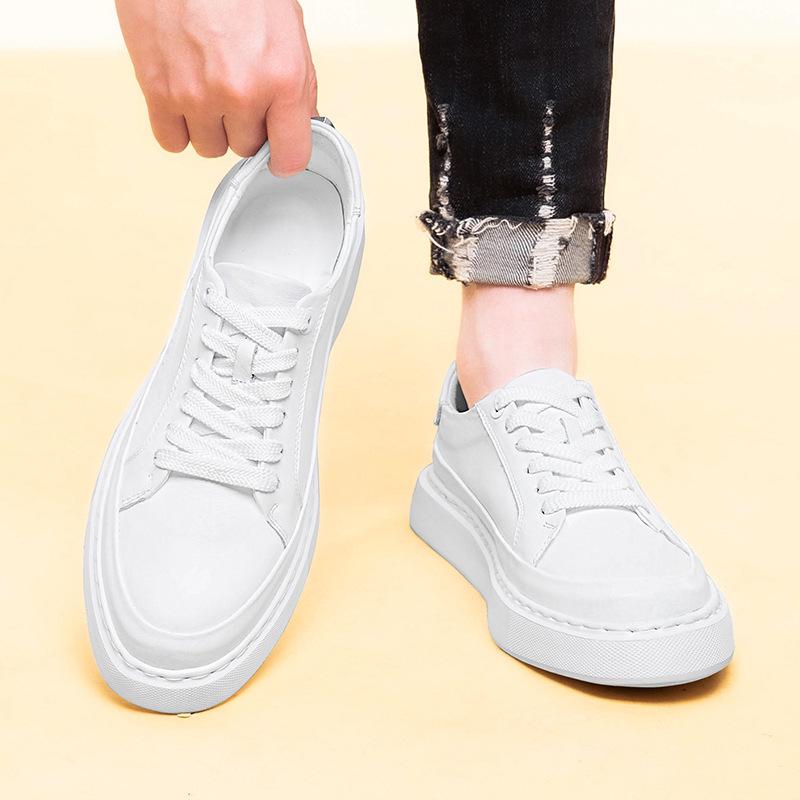 Spring Collection: Thick Sole Height-Boosting White Leather Sneakers for Couples – Trendy, Versatile, Casual Sports Shoes