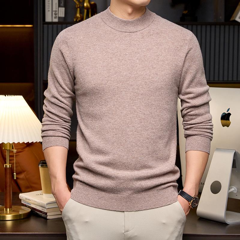 Men’s Autumn-Winter Pure Wool Machine Washable Sweater, Thickened, Half-High Collar, Warm Base Layer