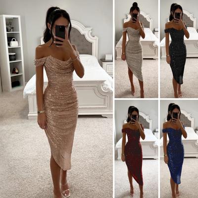 Lady Evening Dress Off Shoulder Sleeveless Off Shoulder Slim Fit Sequin Irregular Hem