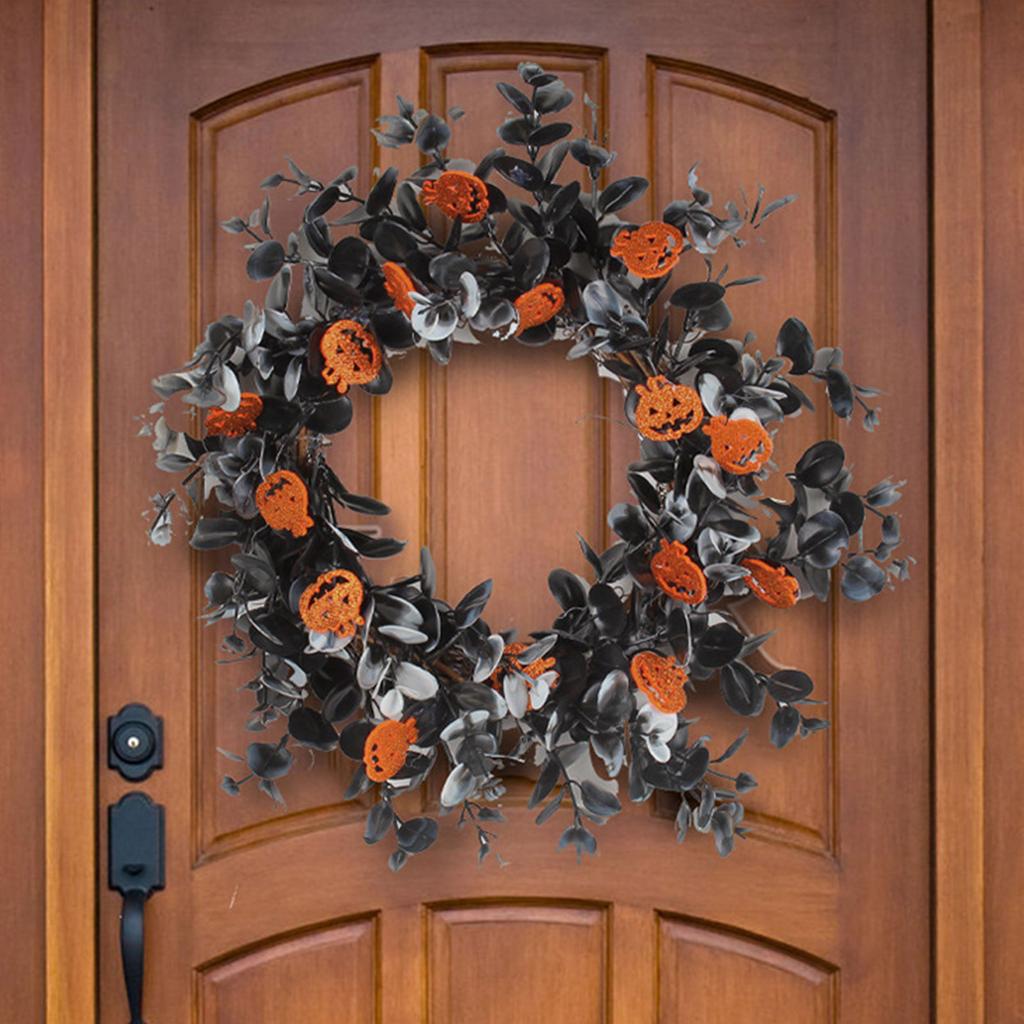 12 Inch Halloween Decorations Wreath with Pumpkin Dead Branches Front Door Wreath Outdoor Window Wreath Decor