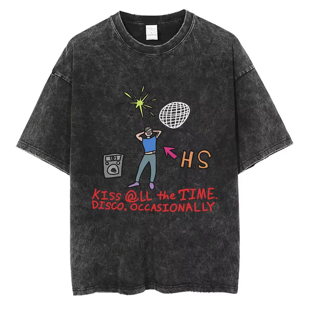Küss Mich Immer Disco Gelegentlich Gewaschen Vintage T-Shirts Geschenk für Fans Männer Frauen Mode Popmusik Streetwear Männlich Oversized T-Shirt