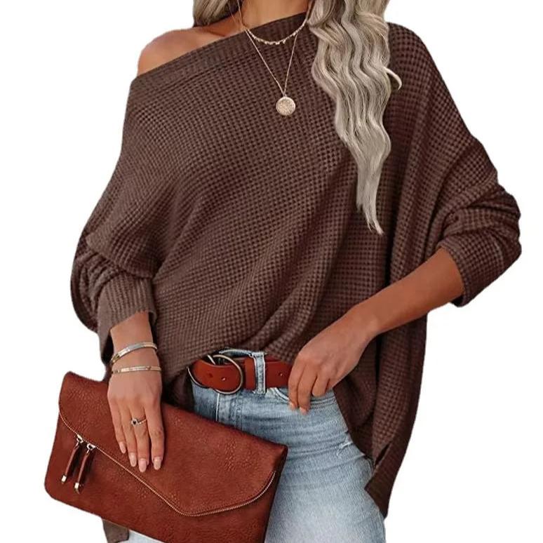 Women's Knitted Sweater Waffle Shoulder Slant Neck 2024 New Autumn Winter Women's Regular Loose Pullover Top