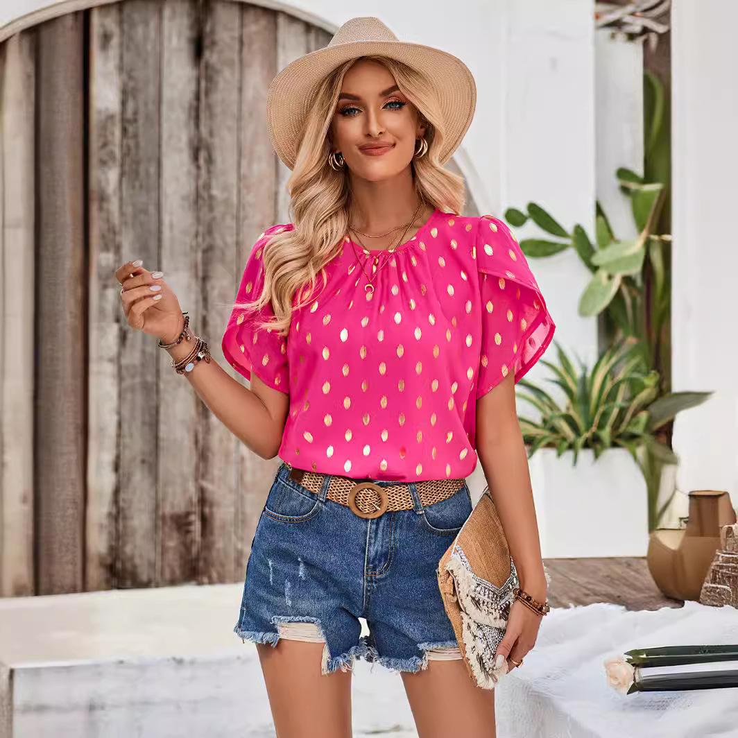 

Женский летний топ в горошек с короткими рукавами, плиссированный, с круглым вырезом S