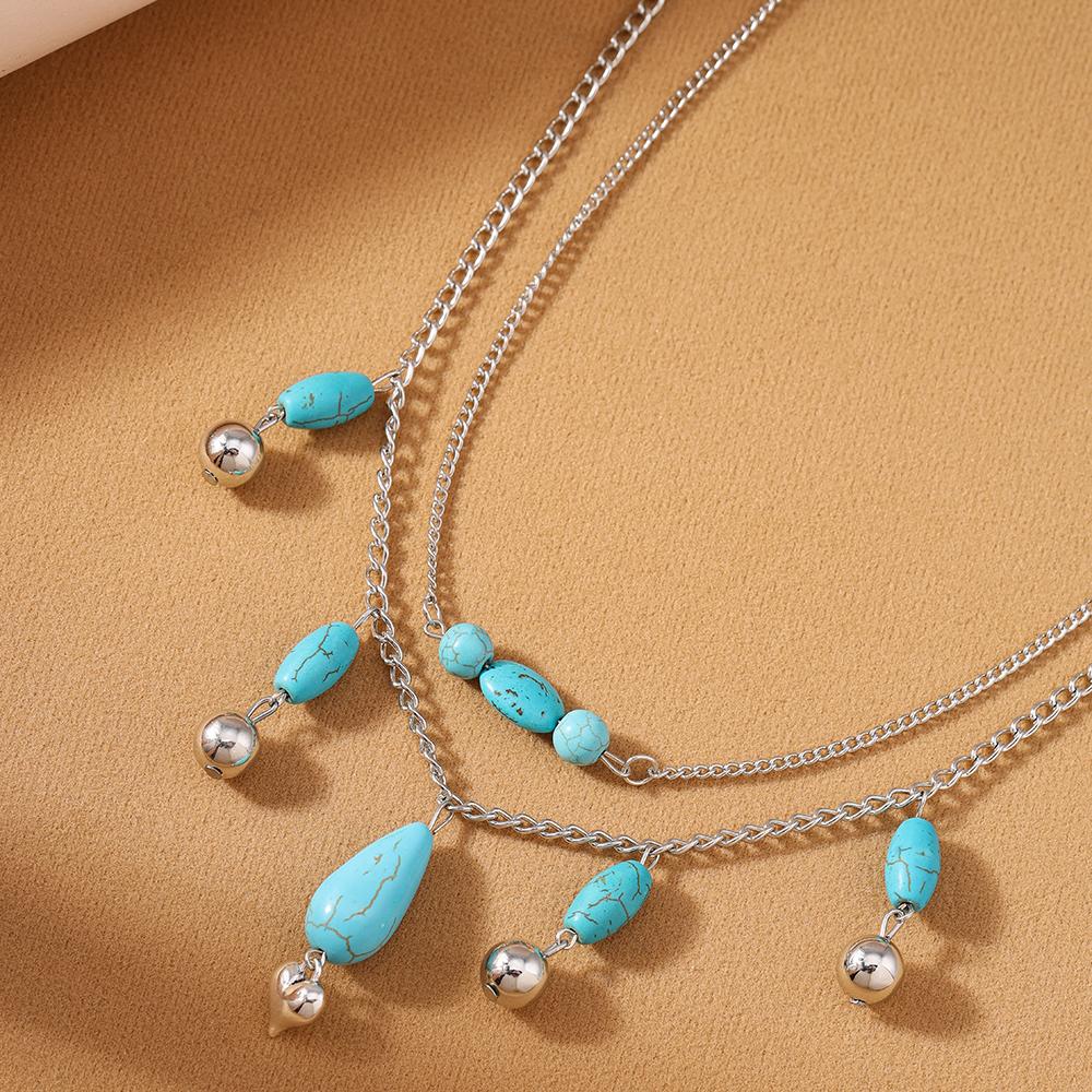 2pcs Vintage Turquoise Necklaces for Women Girls Multi-layer Water Drop Pendant Necklace Bohemia Jewelry Gifts