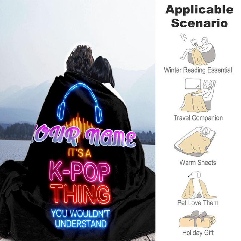 1PC Custom Name K-Pop Neon Sign Outdooor Flannel Blankets Throw Blanket All-Season Throw Gift Bedspread for Couch, Bed, Camping Holiday Birthday Gift
