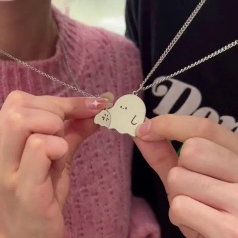 2 Peças Aço Inoxidável Cor Prata Gato Fantasma Pingente Colar de Casal Para Mulheres Homens Moda Melhor Amigo Corrente da Clavícula Colares
