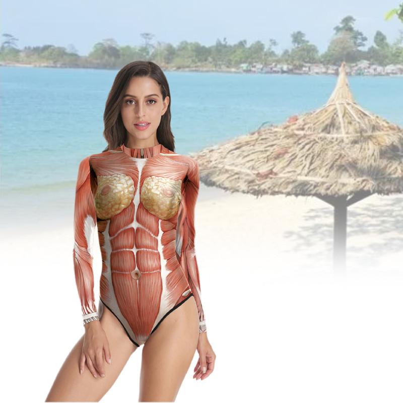Body Tissue Print Swimwear Beach Pool One Piece Tight Long Sleeve Bikini Women