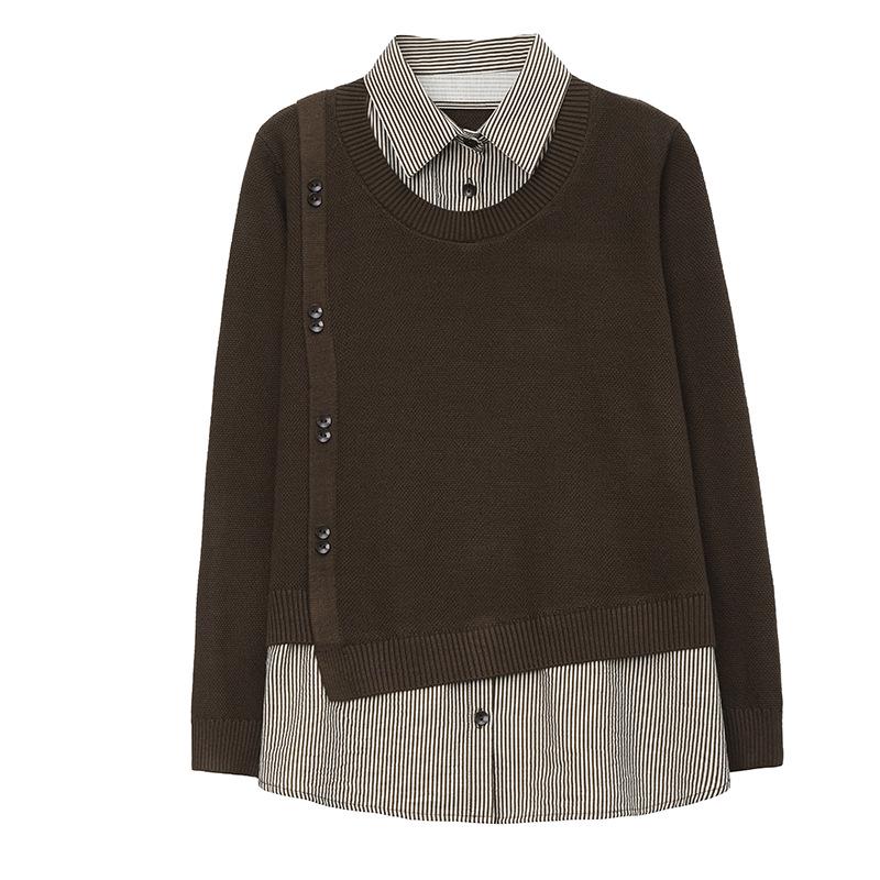 Women's Fake Two-Piece Knit Top with Shirt Collar - Stylish Autumn 2025 Sweater