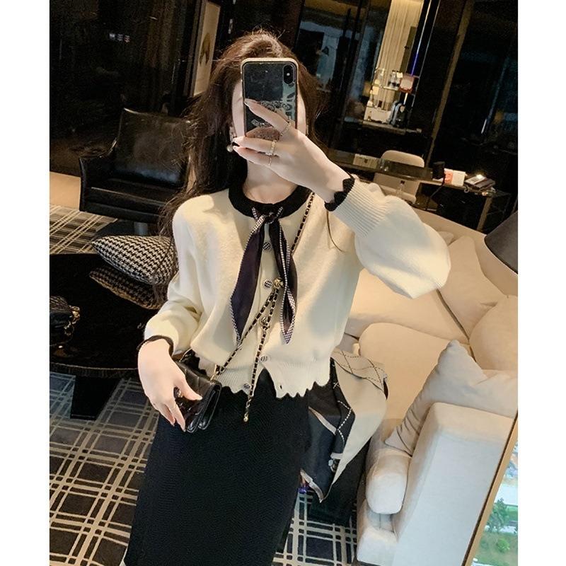 Autumn and Winter New Bow-tie Sweater Cardigan Small Gentle Wind Round Neck Knitted Top Women