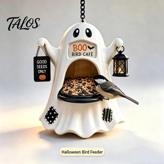 Holiday Garden Pendant Halloween Ghost Bird Feeder, Outdoor Hanging Big Mouth Wild Feeding Decor Station, Spooky Resin Statue for Outside Backyard