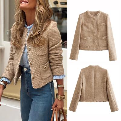 Kadın Kısa Tweed Blazer Ceketler Uzun Kollu Düğmeli Kısa Ceket Cepli Rahat İlkbahar Sonbahar İş İş Elbisesi