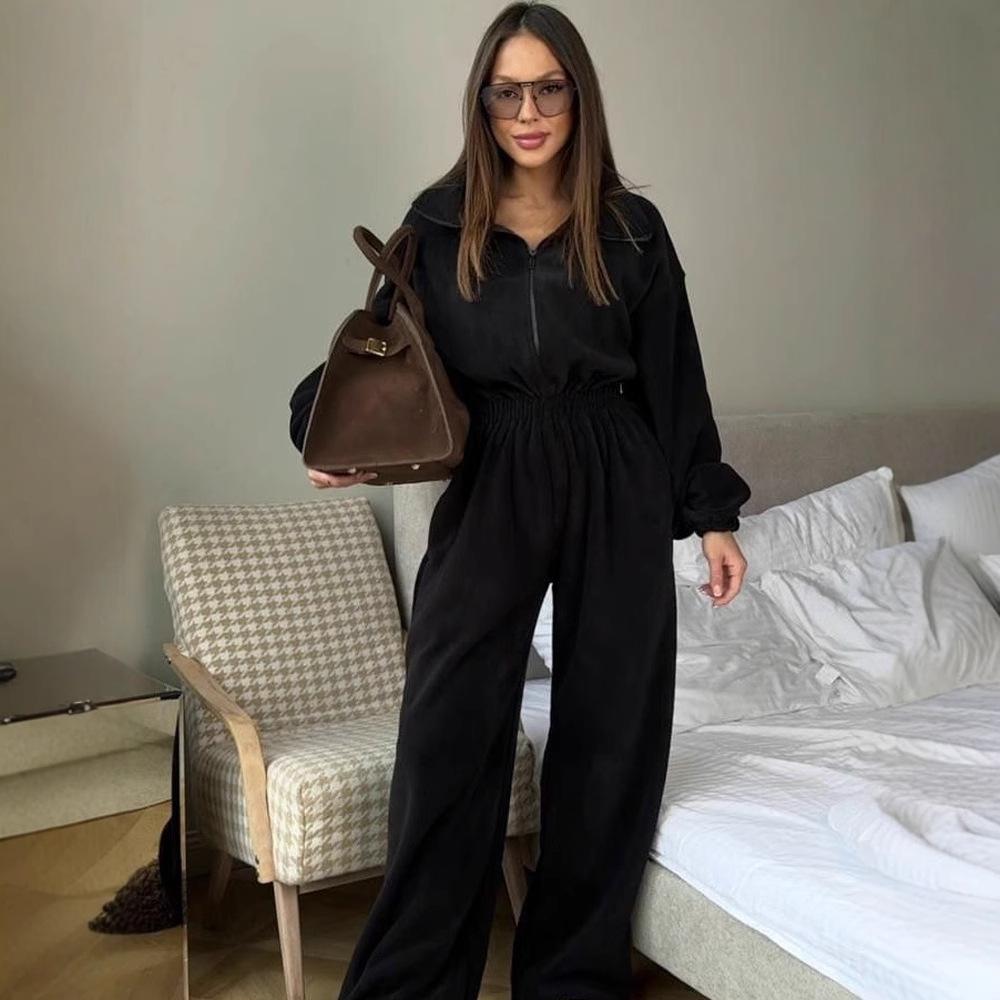 Women's Spring Autumn Long Sleeve Jumpsuit Casual Half Zip Elastic Waist Romper Set