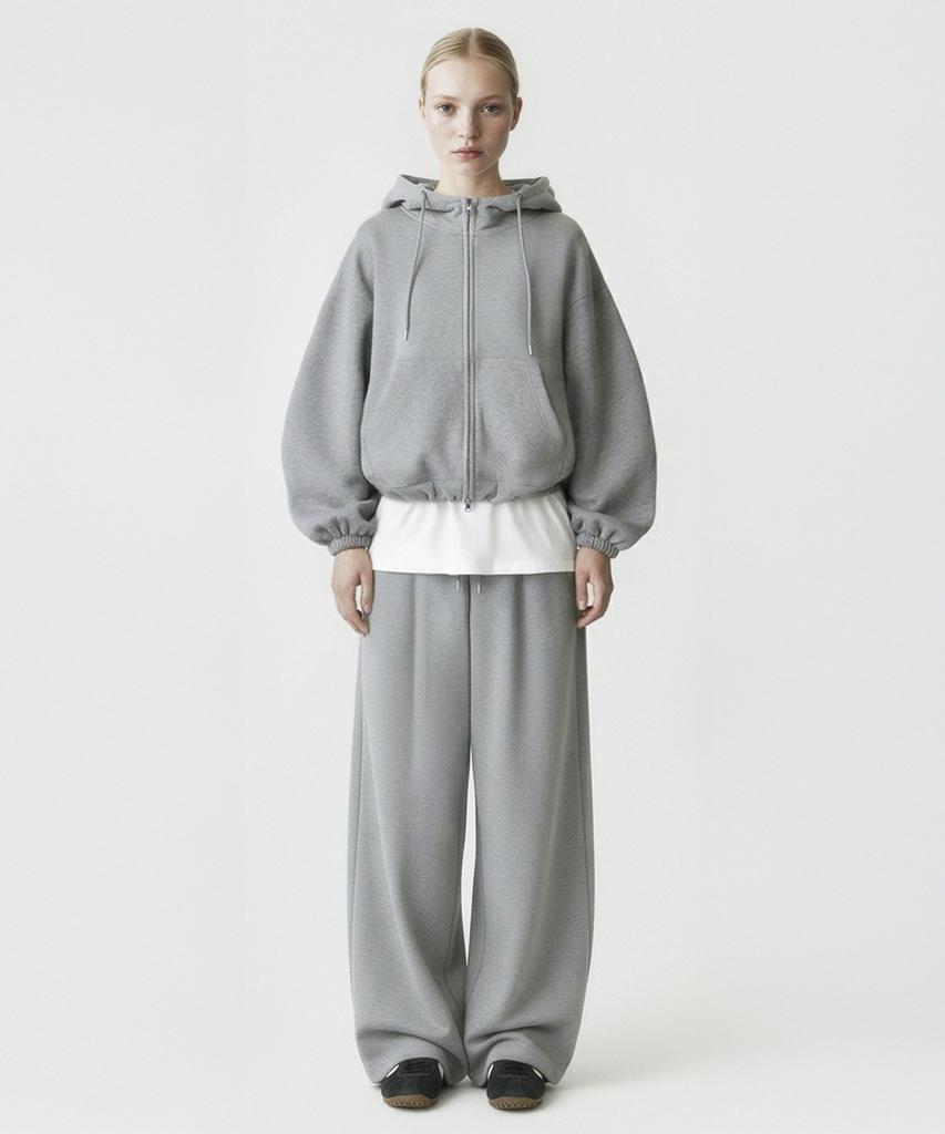 Prinoar [Set] String Overfit Two-Way Zip-Up Hoodie + One-Pleat String Pants - Melange