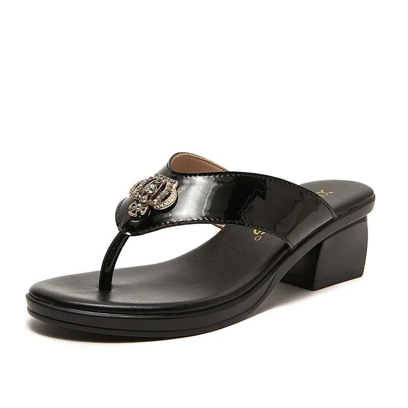 Fashion GKTINOO 2025 Summer Women Slippers Patent Leather Slides Shoes Thick Heels Beach Sandals Women Outside Fashion Flip Flops