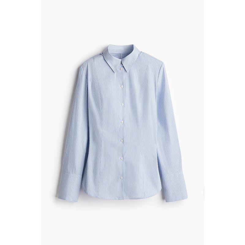 

HM Women s Shirt 2025 Autumn New Polo Collar Silm Padded Shoulder Poplin Design Long Sleeves Shirt 1230661 Light blue/Stripes 170/116(XL)