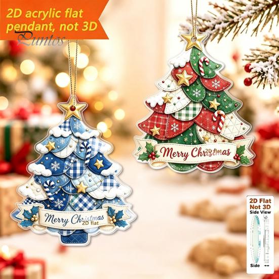 Indoor Seasonal Window Hangings Acrylic Christmas Tree Hanging Ornament, 2D Patchwork Print Cute Festive Decors Pendant with Merry Christmas, Holiday