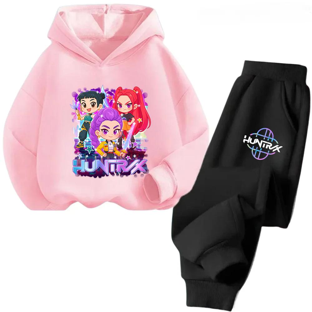 Hot Movie KPop Demon Hunters Fleece Hooded Children's Hoodies Trousers Set Kid Pants Suit Casual Fashion Boy Girl 2pcs Tracksuit