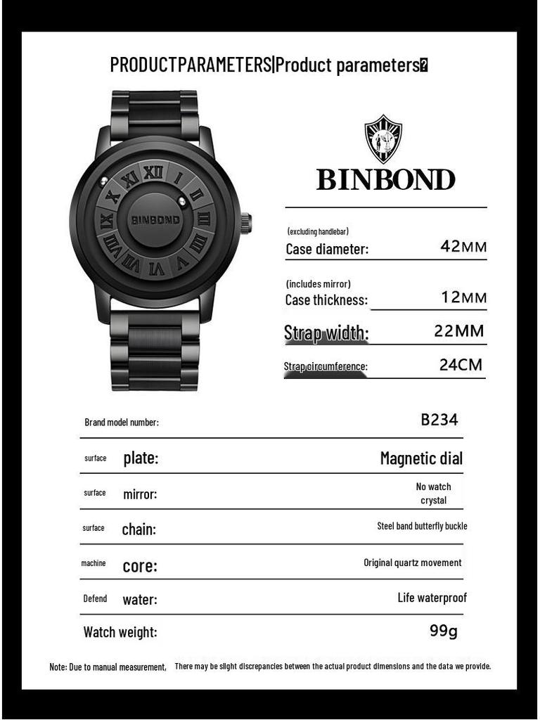 Binbang Men's Black Tech Magnetic Levitation Waterproof Watch - New Concept, Creative Design