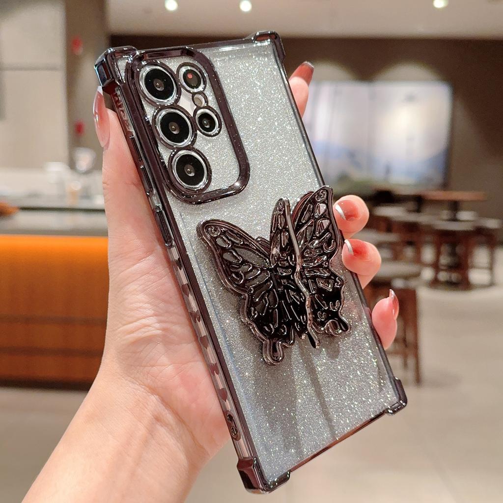 Applicable to Samsung S24Ultra mobile phone case electroplating anti-drop space case gradual change glitter paper butterfly bracket protective case